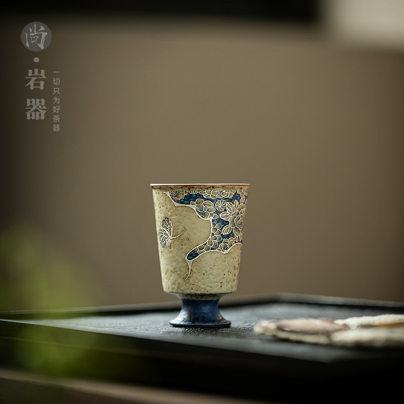 复古描金陶瓷主人杯陶瓷高足闻香杯功夫茶具家用青花喝茶杯礼盒装