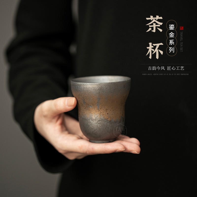 复古粗陶葫芦杯高档个人专用喝茶杯中式鎏金品茗杯大号单杯主人杯