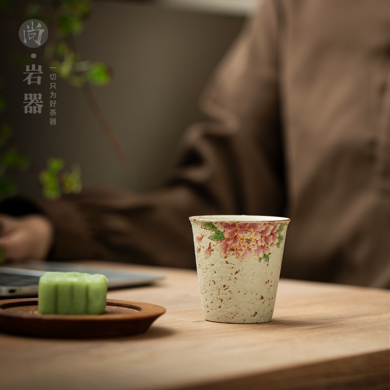 陶瓷大容量主人杯创意描金牡丹喝水杯宽口可乐杯家用品茗杯喝茶杯