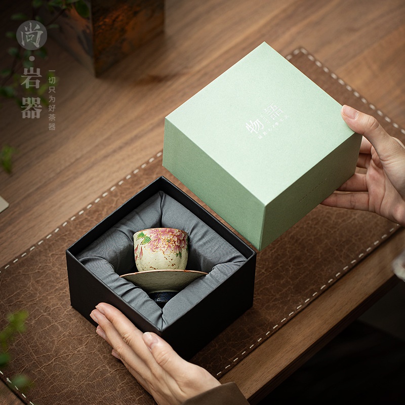 家用陶瓷茶杯带杯垫品茗杯个人专用单杯创意牡丹杯子礼盒装伴手礼